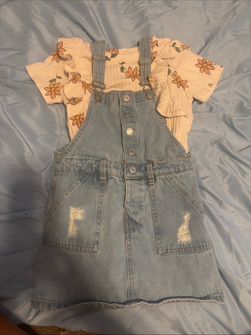 Light Blue Denim Overall Dress with Cream Floral Top - Kids